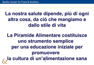La nostra salute dipende, più di ogni altra cosa, da ciò che mangiamo e dallo stile di vita La Piramide Alimentare costituisce uno strumento semplice  per una educazione iniziale per promuovere  la cultura di un’alimentazione sana 