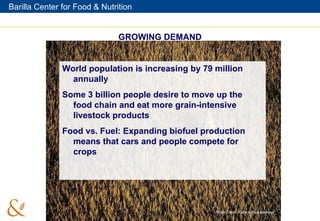 GROWING DEMAND World population is increasing by 79 million annually Some 3 billion people desire to move up the food chain and eat more grain-intensive livestock products Food vs. Fuel: Expanding biofuel production means that cars and people compete for crops Photo Credit: Yann Arthus-Bertrand 