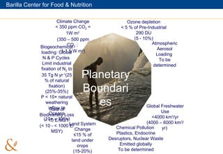 Climate Change < 350 ppm CO 2  < 1W m 2   (350 – 500 ppm CO 2  ;  1-1.5 W m 2 ) Ozone depletion < 5 % of Pre-Industrial 290 DU (5 - 10%) Global Freshwater Use <4000 km 3 /yr (4000 – 6000 km 3 /yr)  Rate of Biodiversity Loss < 10 E/MSY (< 10 - < 1000 E/MSY) Biogeochemical loading: Global N & P Cycles  Limit industrial fixation of N 2  to 35 Tg N yr -1 (25 % of natural fixation) (25%-35%) P < 10× natural weathering inflow to Oceans (10× – 100×) Atmospheric Aerosol Loading  To be determined Land System Change ≤ 15 % of land under crops (15-20%) Chemical Pollution  Plastics, Endocrine Desruptors, Nuclear Waste Emitted globally To be determined Planetary  Boundaries 