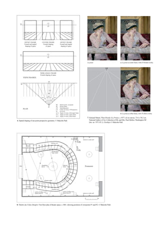 EL CV 
VP 
EL CV 
VIEW FRAMES 
PLAN 
CV 
SP 
av-w 
VP 
av-o 
PP 
SP Station-point, viewpoint 
PP Picture plane 
VP Vanishing point 
CV Centre of vision, 1P Perspective 
EL Eye level 
av-w Angle of vision, wide-angle frame 
av-c Angle of vision, centre frame 
av-o Angle of vision, offset frame 
VP 
WIDE-ANGLE FRAME 
Frontal shaping of space 
av-c 
av-o 
OFFSET FRAME 
Frontal and angled 
shaping of space 
OFFSET FRAME 
Frontal and angled 
shaping of space 
CENTRE FRAME 
Frontal shaping 
of space 
La prune a. La prune as centre frame, with CP-frontal overlay 
0 5m 
bar 
6. Spatial shaping of one-point perspective geometry. ? Malcolm Park 
seating rows 
ground floor 
loges under 
seating rows 
chandeliers 
above 
centre of offset view 
frame from P1 
centre of offset view 
frame from P2 
balcony 
front 
mirrors to side wall 
mirrors to side wall 
cv cv 
P2 
P1 
stage Promenoir 
columns under 
loges 
loges 
loges 
VP 
VP 
b. La prune as offset frame, with 1P-offset overlay 
7. Edouard Manet, Plum Brandy (La Prune), c.1877; oil on canvas, 73.6 x 50.2 cm. 
National Gallery of Art, Collection of Mr. and Mrs. Paul Mellon, Washington DC 
(Inv. no. 1971.85.1). Overlays ? Malcolm Park 
8. Th?tre des Folies-Bergre: First floor plan of theatre space, c.1881; showing positions of viewpoints P1 and P2. ? Malcolm Park 
 