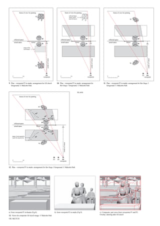 mirror 
P3 
B' 
viewpoint 
G 
B 
G' 
frame of view for painting 
G' 
G 
G' 
G 
frame of view for painting 
reflected space 
actual space 
centre of vision 
image of bar 
from theatre 
0 1m 
g3' 
mirror 
frame of view for painting 
shape of end required to 
match the depicted bar 
reflected figure 
image copied 
from Oil sketch 
reflected space 
actual space 
P5 
viewpoint 
B' 
g1' 
g2' 
g2 g1 
g3 
0 1m P3 P4 
centre of vision 
reflected space 
actual space 
mirror 
P4 
viewpoint 
reflected space 
actual space 
B' 
0 1m P3 
centre of vision 
B 
B 
frame of view for painting 
centre of vision 
mirror 
P3 
B' 
B 
0 1m viewpoint 
9. Plan C viewpoint P3 in studio: arrangement for Oil sketch 
foreground. ? Malcolm Park 
10. Plan C viewpoint P3 in studio: arrangement for 
Bar-Stage 1 foreground. ? Malcolm Park 
11. Plan C viewpoint P5 in studio: arrangement for Bar-Stage 3 
foreground. ? Malcolm Park 
12. Plan C viewpoint P5 in studio: arrangement for Bar-Stage 3 foreground. ? Malcolm Park 
OIL SKETCH 
PLANS 
a) from viewpoint P1 in theatre (Fig.8) 
13. Views for composite Oil sketch image. ? Malcolm Park 
b) from viewpoint P3 in studio (Fig.9) c) Composite: part views from viewpoints P1 and P3. 
Overlay: drawing after Oil sketch 
 