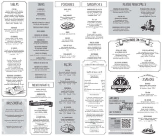 ESPECIAL
Jamón crudo y cocido, lomito
ahumado, leberwurst, bondiola,
salamines y cantimpalo.
Quesos: gouda, sardo y pategrás.
Nachos. Cazuelas: trucha marinada,
berenjenas en escabeche, aceitunas,
dados de queso frito, albóndigas
con salsa, salchichas con queso y
quesos marinados en aceite.
Chica $ 281.- Grande $ 351.-
INDIVIDUAL
Jamón crudo y cocido, queso gouda,
pategrás, salamines, aceitunas y
nachitos. $ 86.-
DE FIAMBRES
Jamón crudo y cocido, lomito
ahumado, bondiola, leberwurst,
salamines y cantimpalo.
Quesos: Gouda, sardo y pategrás.
Aceitunas y nachitos. $ 184.-
DE QUESOS
Gouda, sardo, ahumado, pategrás,
azul, cazuela de quesos marinados
en aceite, crocantes de queso
y nachos. $ 97.-
BIJOU
Ceviche de trucha, tortilla
de papa, berenjenas en
escabeche, bruschetta
de jamón crudo, aros de
cebolla en tempura de
cerveza, croquetas de
verdura, crocantes de zucchini
con queso, bastón de mozzarella
rebozados y nachos. $ 173.-
INDIVIDUAL DE AHUMADOS
Arrollado de salmón ahumado
y queso, arrollado de ciervo
ahumado y queso, salame de
jabalí, salame de ciervo,
queso ahumado y dip de
crema de trucha ahumada. $ 173.-
TABLAS
ESPECIAL
Mozzarella, panceta ahumada,
huevo a la plancha y aceitunas.
Chica $ 76.- Grande $ 140.-
ITALIANA
Mozzarella, rúcula, jamón
crudo, tomates secos y aceitunas.
Chica $ 81.- Grande $ 151.-
PATAGÓNICA
Trucha ahumada,
tomates cherry, rúcula,
mozzarella y aceitunas
Chica $ 96.- Grande $ 177.-
NAPOLITANA
Mozzarella, rodajas de
tomate fresco, ajo y aceitunas.
Chica $ 76.- Grande $ 140.-
DE LAHUERTA
Mozzarella, berenjenas,
zucchini, cherry, morrón rojo,
zanahoria y queso sardo.
Chica $ 76.- Grande $ 140.-
DE CHAMPIGNONES
Rúcula, champignones y
escamas de parmesano.
Chica $ 76.- Grande $ 140.-
PIZZAS
Individuales $ 45.-
4 Opciones $ 160.-
6 Opciones $ 229.-
ALBÓNDIGAS
con salsa filetto.
EMPANADITAS
de carne picante.
AROS DE CEBOLLA
PINCHOS DE PANCETAYCIRUELA
con dip de salsa agridulce.
TORTILLADE PAPAYCEBOLLA
PAPAS BRAVAS
CROQUETAS DE VERDURA
con dip de salsa cuatro quesos.
BASTONES DE
MOZZARELLAREBOZADOS
con dip de salsa barbacoa.
SALCHICHAS ENVUELTAS
EN CROCANTE DE PAPA
con dip de mostaza y miel
SOUFLE DE ESPINACA
espejo de tomate y crocante de puerro.
ALITAS DE POLLO
con panceta, cebolla y salsa barbacoa
BUÑUELOS DE QUESO AZUL
QUESADILLAALAGRIEGA
con cebolla, tomate, aceitunas,
ajo y muzzarella
TAPAS
MENÚ INFANTIL
PATITAS DE POLLO
con papas fritas. $ 65.-
HAMBURGUESA
con jamón y queso.
Acompañada con papas fritas. $ 65.-
HAMBURGUESADE LACASA
con queso gouda, panceta
crocante, pepinillos y aros
de cebolla, acompañado
con papas fritas. $ 94.-
DEL SUR
Churrasquito de ternera
en pan árabe, con jamón,
queso, huevo a la plancha,
lechuga y tomate,
acompañado con papas fritas.
$ 85.-
POLLO
En pan árabe, con jamón,
queso, huevo a la plancha,
lechuga y tomate. Acompañado
con ensalada de estación. $ 81.-
PANCHO ALEMÁN
Salchicha Knackwurst
envuelta en panceta y
queso, acompañado con
chucrut a la Barley Wine
y papas fritas. $ 83.-
VEGETARIANO
Rúcula, tomates
confitados, queso gouda
y calabazas asadas. $ 75.-
SANDWICHES
BRUSCHETTAS
Mozzarella con jamón crudo,
tomates secos y albahaca. $ 52.-
Trucha ahumada, tomates cherry
y crema ciboulette. $ 65.-
Vegetariana. Morrones, berenjena
y tomates asados. $ 52.-
Agridulce. Con jamón crudo,
ananá y queso azul. $ 54.-
ENSALADAS
NORUEGA
Hojas verdes, nueces, trucha
ahumada, tomate, vinagreta
de mostaza y limón. $ 97.-
ITALIANA
Rúcula, tomates secos,
mozzarella y jamón crudo. $ 83.-
DEL BOSQUE
Rúcula, hongos, zapallos
caramelizados y
tomates cherry. $ 83.-
CAESAR
Hojas verdes, croutons,
trozos de pollo, escamas
de parmesano y
aderezo Caesar. $ 84.-
PORCIONES
PAPAS FRITAS
$ 51.-
PAPAS ANTARES
Salsa de 4 quesos, panceta
grillada y cebolla de verdeo.
Chica. $ 58.- Grande. $ 82.-
RABAS
$ 106.-
NACHOS
c
. $ 75.-
con dip de salsa alioli.
on salsa picante y
cuatro quesos
TIRAS DE POLLO
con crocante de cereal.
Acompañado con salsa tártara.
$ 73.-
FISH AND DIPS
Tempura de trucha con dips
de queso y hierbas. $ 76.-
ANTARES
HACÉ TU PEDIDO EN:
DE LAFÁBRICAATU CASA
Llegamosatodoelpaís
Completando la encuesta participás por premios
CUANDOQUIERAS...
RECORDÁ
CONTARNOS
¿CÓMO LA ESTÁS
PASANDO?
http://goo.gl/eWhxsy
SUGERENCIAS
para grandes MARIDAJES
entre CERVEZAy COMIDA
Todas las combinaciones
deben envolver o tener estos
principios.
Algunos maridajes serán más
dependientes de contrastes,
otros de sabores
complementarios, pero todos
deben estar basados en algún
tipo de balance.
PLATOS PRINCIPALES
ENTRAÑACON SALSACRIOLLA
Acompañada con papas gratín. $ 104-
Maridaje Sugerido: PORTER
TRUCHACON
GREMOLATADE HIERBAS
Acompañado con puré
de papas y puerros. $ 113.-
Maridaje Sugerido: KÖLSCH
SORRENTINOS CROCANTES DE CIERVO
con salsa de queso. $ 97.-
Maridaje Sugerido: KÖLSCH
PECHUGADE POLLO RELLENA
con queso pategrás, hongos
de pino y tomates secos.
Acompañado con mini
ensalada. $ 107.-
Maridaje Sugerido: PORTER
CAZUELADE CIERVO
ALACERVEZASCOTCH
con vegetales, mostaza y papas
cubeteadas. Servida
en pan de campo. $ 105.-
Maridaje Sugerido: SCOTCH
SALCHICHAS ALEMANAS
Salchichas Knackwurst
con chucrut a la Barley Wine
y mostaza con Honey Beer. $ 97.-
Maridaje Sugerido: KÖLSCH
CIERVO ALAMOSTAZA
con reducción de cerveza Porter y
guarnición de bombas de papa. $ 108.-
Maridaje Sugerido:
BARLY WINE ó PORTER
OJO DE BIFE
macerado en hierbas.
Acompañado con milhojas
de papas y salsa de Porter. $ 116.-
Maridaje Sugerido: PORTER
consulte por
LAS SUGERENCIAS DEL CHEF
por el Chef
Gonzalo Gallardo
Preparación
un bowl con agua bien caliente y
dejar reposar por 3 hs.
Usando un colador de malla fina
drenar las semillas de mostaza
del agua y procesarlos junto a
las semillas de cúrcuma y la
cerveza en una licuadora o una
procesadora.
En un sartén mediano calentar
el aceite de oliva y saltear los
echalotes hasta que caramelicen
un poco y agregarlos a la mezcla
de cerveza y mostaza.
Agregar el vinagre y colocar la
preparación en un bowl
hermético y refrigerar por 4
horas antes de usar.
Cubrir los granos de mostaza en
Ingredientes
¾ taza de semillas de mostaza
2 cucharadas de semillas
de cúrcuma aplastadas
12 cucharadas de cerveza
imperial stout
2 cucharadas de aceite de oliva
2 echalotes picados
1 cucharada de sal
2 cucharadas de vinagre de vino blanco
Mostaza de Cerveza
LA RECETA RECOMENDADA
Sorprendé a tus amigos con
www.cervezaantares.com
 