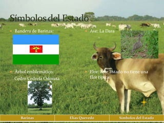  Bandera de Barinas:              Ave: La Dara




 Árbol emblemático:               Flor: Este Estado no tiene una
  Cedro Cedrela Odorata             flor típica




     Barinas              Elías Quevedo            Símbolos del Estado
 