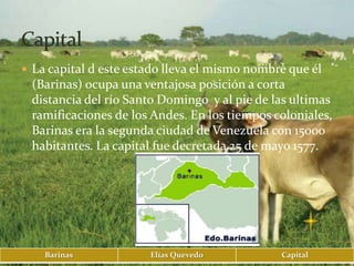  La capital d este estado lleva el mismo nombre que él
 (Barinas) ocupa una ventajosa posición a corta
 distancia del río Santo Domingo y al pie de las ultimas
 ramificaciones de los Andes. En los tiempos coloniales,
 Barinas era la segunda ciudad de Venezuela con 15000
 habitantes. La capital fue decretada 25 de mayo 1577.




    Barinas            Elías Quevedo           Capital
 