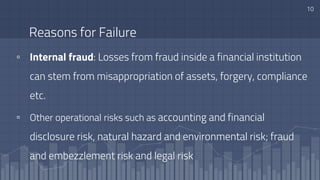 Reasons for Failure
▫ Internal fraud: Losses from fraud inside a financial institution
can stem from misappropriation of assets, forgery, compliance
etc.
▫ Other operational risks such as accounting and financial
disclosure risk, natural hazard and environmental risk; fraud
and embezzlement risk and legal risk
10
 