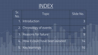 Sr.
No.
Topic Slide No.
1. Introduction 3
2. Chronology of events 4
3. Reasons for failure 9
4. How it could have been avoided 14
5. Key learnings 16
INDEX
 