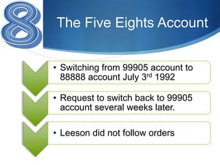 The Five Eights Account


• Switching from 99905 account to
  88888 account July 3rd 1992

• Request to switch back to 99905
  account several weeks later.

• Leeson did not follow orders
 