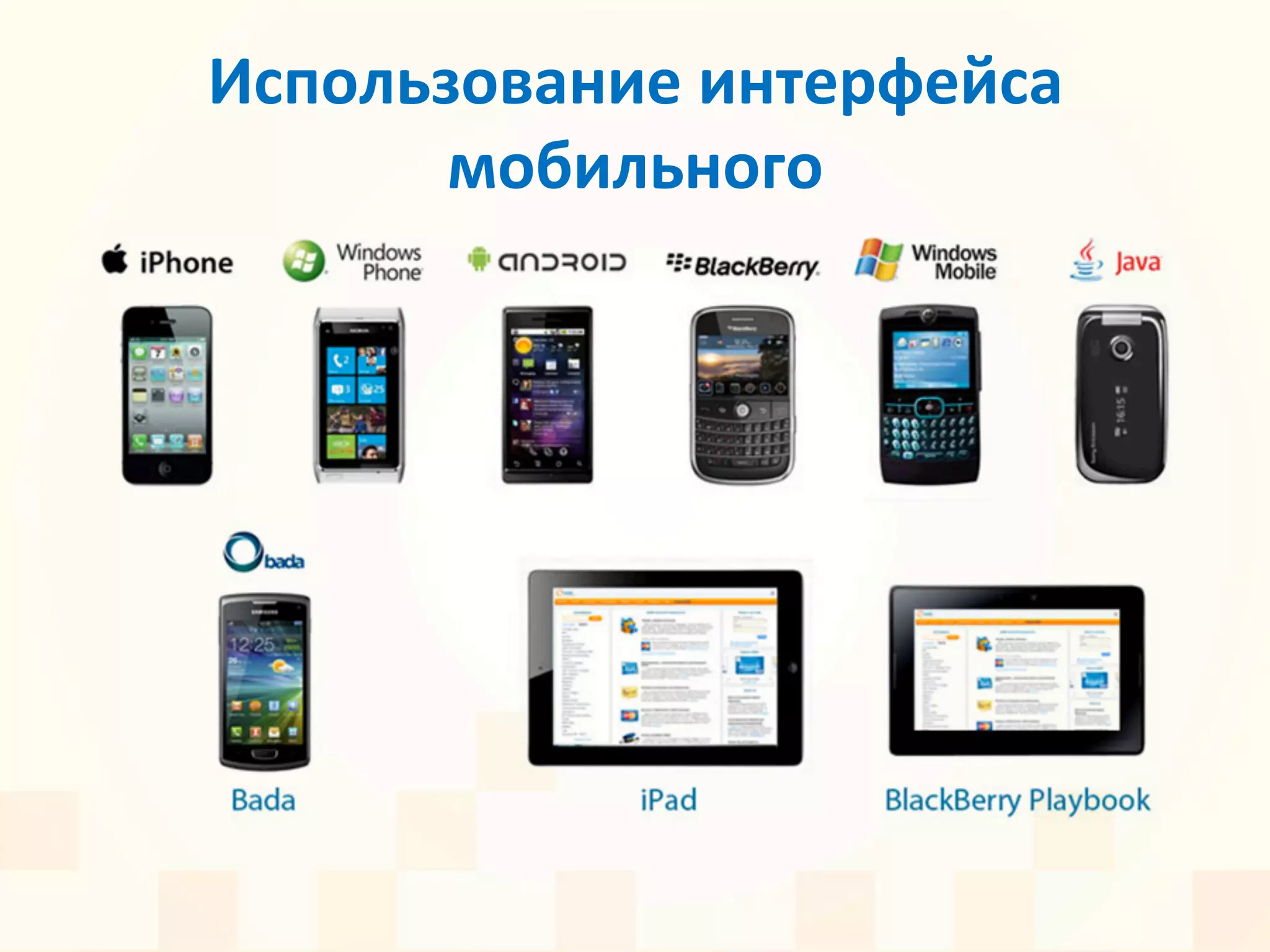 Использование	
  интерфейса	
  
       мобильного	
  
 