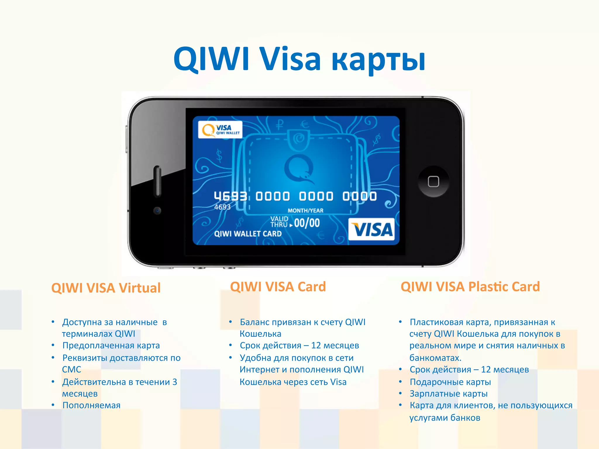 QIWI	
  Visa	
  карты	
  




QIWI	
  VISA	
  Virtual	
                      QIWI	
  VISA	
  Card	
                          QIWI	
  VISA	
  Plasnc	
  Card	
  

•  Доступна	
  за	
  наличные	
  	
  в	
     •  Баланс	
  привязан	
  к	
  счету	
  QIWI	
     •  Пластиковая	
  карта,	
  привязанная	
  к	
  
   терминалах	
  QIWI	
                         Кошелька	
                                        счету	
  QIWI	
  Кошелька	
  для	
  покупок	
  в	
  
•  Предоплаченная	
  карта	
                 •  Срок	
  действия	
  –	
  12	
  месяцев	
          реальном	
  мире	
  и	
  снятия	
  наличных	
  в	
  
•  Реквизиты	
  доставляются	
  по	
         •  Удобна	
  для	
  покупок	
  в	
  сети	
           банкоматах.	
  
   СМС	
                                        Интернет	
  и	
  пополнения	
  QIWI	
          •  Срок	
  действия	
  –	
  12	
  месяцев	
  
•  Действительна	
  в	
  течении	
  3	
         Кошелька	
  через	
  сеть	
  Visa	
            •  Подарочные	
  карты	
  
   месяцев	
                                 	
                                                •  Зарплатные	
  карты	
  
•  Пополняемая	
                                                                               •  Карта	
  для	
  клиентов,	
  не	
  пользующихся	
  
                                                                                                  услугами	
  банков	
  
 