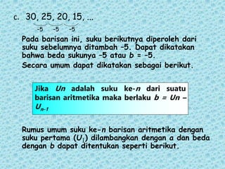 c. 30, 25, 20, 15, ...
–5 –5 –5
Pada barisan ini, suku berikutnya diperoleh dari
suku sebelumnya ditambah –5. Dapat dikatakan
bahwa beda sukunya –5 atau b = –5.
Secara umum dapat dikatakan sebagai berikut.
Rumus umum suku ke-n barisan aritmetika dengan
suku pertama (U ) dilambangkan dengan a dan beda
dengan b dapat ditentukan seperti berikut.
Jika Un adalah suku ke-n dari suatu
barisan aritmetika maka berlaku b = Un –
Un-1
1
 