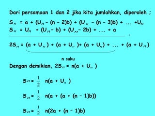 Dari persamaan 1 dan 2 jika kita jumlahkan, diperoleh ;
S = a + (U – (n – 2)b) + (U – (n – 3)b) + ... +U
S = U + (U – b) + (U – 2b) + ... + a
2S = (a + U ) + (a + U )+ (a + U ) + ... + (a + U )
n suku
Dengan demikian, 2S = n(a + U )
S = n(a + U )
S = n(a + (a + (n – 1)b))
S = n(2a + (n – 1)b)
n n n n
n n n n
n n n n n
n n
n
n
n
2
1
2
1
2
1
n
 