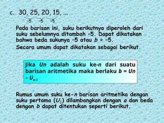 c. 30, 25, 20, 15, ...
–5 –5 –5
Pada barisan ini, suku berikutnya diperoleh dari
suku sebelumnya ditambah –5. Dapat dikatakan
bahwa beda sukunya –5 atau b = –5.
Secara umum dapat dikatakan sebagai berikut.
Rumus umum suku ke-n barisan aritmetika dengan
suku pertama (U ) dilambangkan dengan a dan beda
dengan b dapat ditentukan seperti berikut.
Jika Un adalah suku ke-n dari suatu
barisan aritmetika maka berlaku b = Un
– Un-1
1
 