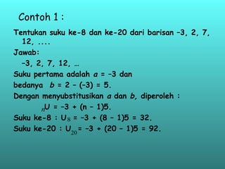 Contoh 1 :
Tentukan suku ke-8 dan ke-20 dari barisan –3, 2, 7,
12, ....
Jawab:
–3, 2, 7, 12, …
Suku pertama adalah a = –3 dan
bedanya b = 2 – (–3) = 5.
Dengan menyubstitusikan a dan b, diperoleh :
U = –3 + (n – 1)5.
Suku ke-8 : U = –3 + (8 – 1)5 = 32.
Suku ke-20 : U = –3 + (20 – 1)5 = 92.
n
8
20
 