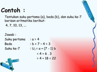 Contoh :
 Tentukan suku pertama (a), beda (b), dan suku ke-7
 barisan aritmatika berikut:
  4, 7, 10, 13, ...

 Jawab :
 Suku pertama    :a=4
 Beda            :b=7–4=3
 Suku ke-7       : U7 = a + (7 - 1) b
                      =4+6.3
                      = 4 + 18 = 22
 