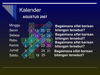 Kalender
Minggu
Senin
Selasa
Rabu
Kamis
Jumat
Sabtu
1
2
3
4
5
6
7
8
9
10
11
12
13
14
15
16
17
18
19
20
21
22
23
24
25
26
27
28
29
30
31
AGUSTUS 2007
Bagaimana sifat barisan
bilangan tersebut?
Bagaimana sifat barisan
bilangan tersebut?
Bagaimana sifat barisan
bilangan tersebut?
Bagaimana sifat barisan
bilangan tersebut?
Bagaimana sifat barisan
bilangan tersebut?
 