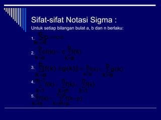 Sifat-sifat Notasi Sigma :
Untuk setiap bilangan bulat a, b dan n berlaku:
1.
2.
3.
4.
5.
cn=∑
=
n
1k
c
=
=
∑
b
ak
cf(k) ∑
b
ak
f(k)c
=
=±
=
g(k)]
b
ak
[f(k)∑ ∑
b
ak
g(k)
=
∑∑∑
n
1k
f(k)
n
mk
f(k)
1m
1k
f(k)
=
=
=
+
−
=
∑
+
+=
−=∑
=
pn
pmk
p)f(k
n
mk
f(k)
±
=
∑
b
ak
f(k)
 