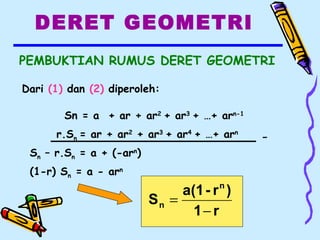 DERET GEOMETRI
PEMBUKTIAN RUMUS DERET GEOMETRI
Dari (1) dan (2) diperoleh:
Sn = a + ar + ar2
+ ar3
+ …+ arn-1
r.Sn = ar + ar2
+ ar3
+ ar4
+ …+ arn
-
Sn – r.Sn = a + (-arn
)
(1-r) Sn = a - arn
r1
)r-a(1
S
n
n
−
=
 