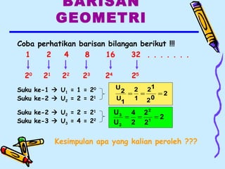 BARISAN
GEOMETRI
Coba perhatikan barisan bilangan berikut !!!
1 2 4 8 16 32 . . . . . . .
Suku ke-1  U1 = 1 = 20
Suku ke-2  U2 = 2 = 21
2
02
12
1
2
1
U
2
U
===
2
2
2
2
4
U
U
1
2
2
3
===
Kesimpulan apa yang kalian peroleh ???
20
21
22
23
25
24
Suku ke-2  U2 = 2 = 21
Suku ke-3  U3 = 4 = 22
 