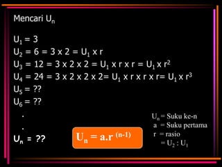 Mencari Un

U1 = 3
U2 = 6 = 3 x 2 = U 1 x r
U3 = 12 = 3 x 2 x 2 = U1 x r x r = U1 x r2
U4 = 24 = 3 x 2 x 2 x 2= U1 x r x r x r= U1 x r3
U5 = ??
U6 = ??
.
Un = Suku ke-n
a = Suku pertama
.
r = rasio
Un = a.r (n-1)
Un = ??
=U :U
2

1

 