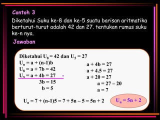 Contoh 3
Diketahui Suku ke-8 dan ke-5 suatu barisan aritmatika
berturut-turut adalah 42 dan 27. tentukan rumus suku
ke-n nya.
Jawaban
Diketahui U8 = 42 dan U5 = 27
Un = a + (n-1)b
a + 4b = 27
U8 = a + 7b = 42
a + 4.5 = 27
U5 = a + 4b = 27 a + 20 = 27
3b = 15
a = 27 – 20
b=5
a=7
Un = 7 + (n-1)5 = 7 + 5n – 5 = 5n + 2

Un = 5n + 2

 