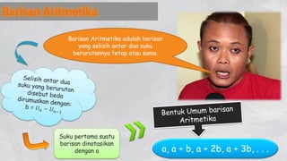 Barisan Aritmetika adalah barisan
yang selisih antar dua suku
berurutannya tetap atau sama.
Suku pertama suatu
barisan dinotasikan
dengan a a, a + b, a + 2b, a + 3b, . . .
 