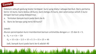 Didalam sebuah gedung teater terdapat kursi yang diatur sebagai berikut. Baris pertama
berisi 15 kursi, baris kedua 20 kursi, baris ketiga 25 kursi, dan seterusnya selisih 5 kursi
dengan barisan yang didepannya.
a. Tentukan banyak kursi pada baris ke-6.
b. Baris ke berapa yang terisi 60 kursi?
Jawab:
Aturan penempatan kursi membentuk barisan aritmetika dengan a = 15 dan b = 5.
a.
Jadi, banyak kursi pada baris ke-6 adalah 40
𝑈 𝑛 = 𝑎 + 𝑛 − 1 𝑏
𝑈6 = 15 + 6 − 1 5 = 15 + 5 . 5 = 15 + 25 = 40
 