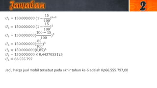 𝑈6 = 150.000.000 (1 −
15
100
)6−1
𝑈6 = 150.000.000 (1 −
15
100
)5
𝑈6 = 150.000.000(
100 − 15
100
)5
𝑈6 = 150.000.000(
85
100
)5
𝑈6 = 150.000.000(0,85)5
𝑈6 = 150.000.000 × 0,4437053125
𝑈6 = 66.555.797
Jadi, harga jual mobil tersebut pada akhir tahun ke-6 adalah Rp66.555.797,00
 