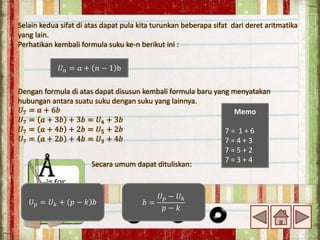Selain kedua sifat di atas dapat pula kita turunkan beberapa sifat dari deret aritmatika
yang lain.
Perhatikan kembali formula suku ke-n berikut ini :
𝑈𝑛 = 𝑎 + 𝑛 − 1 b
Dengan formula di atas dapat disusun kembali formula baru yang menyatakan
hubungan antara suatu suku dengan suku yang lainnya.
𝑈7 = 𝑎 + 6𝑏
𝑈7 = 𝑎 + 3𝑏 + 3𝑏 = 𝑈4 + 3𝑏
𝑈7 = 𝑎 + 4𝑏 + 2𝑏 = 𝑈5 + 2𝑏
𝑈7 = 𝑎 + 2𝑏 + 4𝑏 = 𝑈3 + 4𝑏
Memo
7 = 1 + 6
7 = 4 + 3
7 = 5 + 2
7 = 3 + 4
Secara umum dapat dituliskan:
𝑈𝑝 = 𝑈𝑘 + 𝑝 − 𝑘 𝑏 𝑏 =
𝑈𝑝 − 𝑈𝑘
𝑝 − 𝑘
 