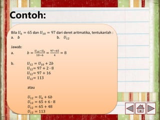 Contoh:
Bila 𝑈6 = 65 dan 𝑈10 = 97 dari deret aritmatika, tentukanlah :
a. b b. 𝑈12
Jawab:
a. 𝑏 =
𝑈10−𝑈6
10−6
=
97−65
4
= 8
b. 𝑈12 = 𝑈10 + 2𝑏
𝑈12= 97 + 2 ∙ 8
𝑈12= 97 + 16
𝑈12= 113
atau
𝑈12 = 𝑈6 + 6𝑏
𝑈12 = 65 + 6 ∙ 8
𝑈12 = 65 + 48
𝑈12 = 113
 