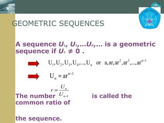 GEOMETRIC SEQUENCES A sequence  U 1 ,  U 2 ,… U n ,… is a geometric sequence if  U 1  ≠ 0 .  The number  is called the common ratio of  the sequence. 