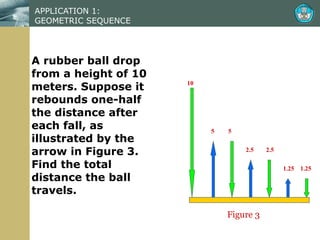 APPLICATION 1:  GEOMETRIC SEQUENCE A rubber ball drop from a height of 10 meters. Suppose it rebounds one-half the distance after each fall, as illustrated by the arrow in Figure 3. Find the total distance the ball travels. 5  5 10 1.25  1.25 2.5  2.5 Figure 3 