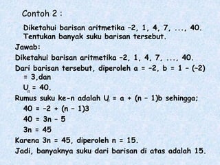 Contoh 2 :
Diketahui barisan aritmetika –2, 1, 4, 7, ..., 40.
Tentukan banyak suku barisan tersebut.
Jawab:
Diketahui barisan aritmetika –2, 1, 4, 7, ..., 40.
Dari barisan tersebut, diperoleh a = –2, b = 1 – (–2)
= 3,dan
U = 40.
Rumus suku ke-n adalah U = a + (n – 1)b sehingga;
40 = –2 + (n – 1)3
40 = 3n – 5
3n = 45
Karena 3n = 45, diperoleh n = 15.
Jadi, banyaknya suku dari barisan di atas adalah 15.
n
n
 