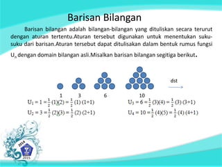 Barisan Bilangan 
Barisan bilangan adalah bilangan-bilangan yang dituliskan secara terurut 
dengan aturan tertentu.Aturan tersebut digunakan untuk menentukan suku-suku 
dari barisan.Aturan tersebut dapat ditulisakan dalam bentuk rumus fungsi 
Un dengan domain bilangan asli.Misalkan barisan bilangan segitiga berikut. 
1 3 6 10 
dst 
 
