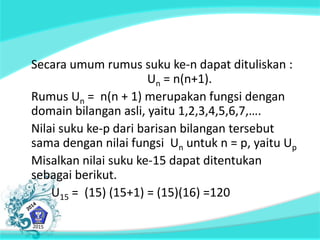 Secara umum rumus suku ke-n dapat dituliskan : 
Un = n(n+1). 
Rumus Un = n(n + 1) merupakan fungsi dengan 
domain bilangan asli, yaitu 1,2,3,4,5,6,7,…. 
Nilai suku ke-p dari barisan bilangan tersebut 
sama dengan nilai fungsi Un untuk n = p, yaitu Up 
Misalkan nilai suku ke-15 dapat ditentukan 
sebagai berikut. 
U15 = (15) (15+1) = (15)(16) =120 
 
