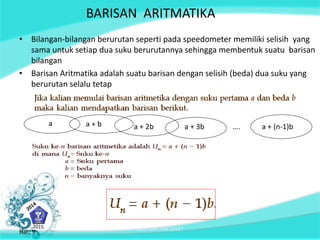 BARISAN ARITMATIKA 
• Bilangan-bilangan berurutan seperti pada speedometer memiliki selisih yang 
sama untuk setiap dua suku berurutannya sehingga membentuk suatu barisan 
bilangan 
• Barisan Aritmatika adalah suatu barisan dengan selisih (beda) dua suku yang 
berurutan selalu tetap 
a a + b a + 2b a + 3b …. a + (n-1)b 
Hal.: 9 BARISAN DAN DERET Hal.: 9 
 