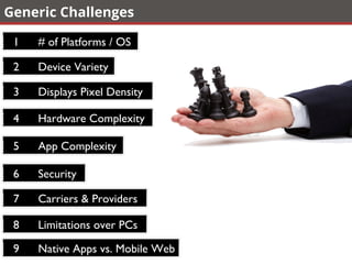 Generic Challenges
# of Platforms / OS1
Device Variety2
Displays Pixel Density3
Hardware Complexity4
App Complexity5
Security6
Carriers & Providers7
Limitations over PCs8
Native Apps vs. Mobile Web9
 
