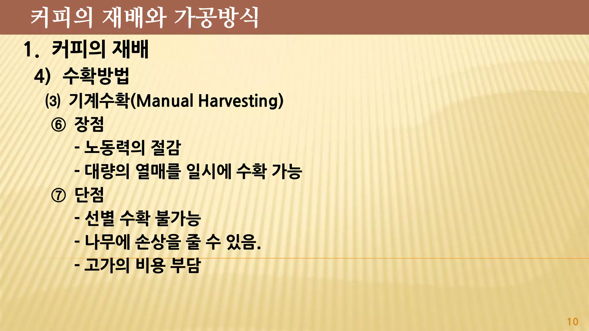1. 커피의 재배
4) 수확방법
⑶ 기계수확(Manual Harvesting)
⑥ 장점
- 노동력의 절감
- 대량의 열매를 일시에 수확 가능
⑦ 단점
- 선별 수확 불가능
- 나무에 손상을 줄 수 있음.
- 고가의 비용 부담
10
커피의 재배와 가공방식
 