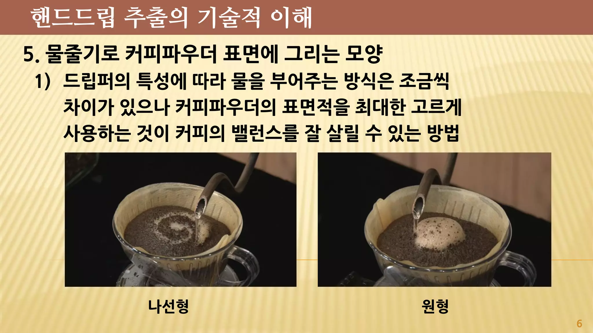 5. 물줄기로 커피파우더 표면에 그리는 모양
1) 드립퍼의 특성에 따라 물을 부어주는 방식은 조금씩
차이가 있으나 커피파우더의 표면적을 최대한 고르게
사용하는 것이 커피의 밸런스를 잘 살릴 수 있는 방법
6
핸드드립 추출의 기술적 이해
나선형 원형
 