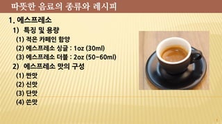 1. 에스프레소
1) 특징 및 용량
(1) 적은 카페인 함양
(2) 에스프레소 싱글 : 1oz (30ml)
(3) 에스프레소 더블 : 2oz (50~60ml)
2) 에스프레소 맛의 구성
(1) 짠맛
(2) 신맛
(3) 단맛
(4) 쓴맛
1
따뜻한 음료의 종류와 레시피
 