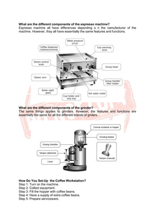 What are the different components of the espresso machine?
Espresso machine all have differences depending o n the namufacturer of the
machine. However, thay all have essentially the same features and functions.
What are the different components of the grinder?
The same things applies to grinders. However, the features and functions are
essentially the same for all the different brands of griders.
How Do You Set-Up the Coffee Workstation?
Step 1: Turn on the machine.
Step 2: Collect equipment.
Step 3: Fill the hopper with coffee beans.
Step 4: Have a supply of extra coffee beans.
Step 5: Prepare serviceware.
 