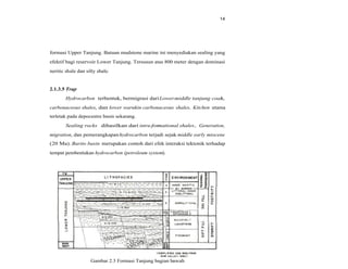 14
formasi Upper Tanjung. Batuan mudstone marine ini menyediakan sealing yang
efektif bagi reservoir Lower Tanjung. Tersusun atas 800 meter dengan dominasi
neritic shale dan silty shale.
2.1.3.5 Trap
Hydrocarbon terbentuk, bermigrasi dariLower-middle tanjung coals,
carbonaceous shales, dan lower warukin carbonaceous shales. Kitchen utama
terletak pada depocentre basin sekarang.
Sealing rocks dihasilkan dari intra-formational shales. Generation,
migration, dan pemerangkapanhydrocarbon terjadi sejak middle early miocene
(20 Ma). Barito basin merupakan contoh dari efek interaksi tektonik terhadap
tempat pembentukan hydrocarbon (petroleum system).
Gambar 2.3 Formasi Tanjung bagian bawah
 