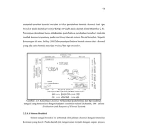 18
material tersebut kearah laut dan terlihat perubahan bentuk channel dari tipe
braided pada daerah proximal ketipe straight pada daerah distal (Gambar 2.6).
Meskipun demikian harus ditekankan pula bahwa perubahan tersebut tidaklah
mutlak karena tergantung pada morfologi daerah sistem fluvial tersebut. Seperti
keterangan di atas, Selley (1982) berpendapat bahwa bentuk utama dari channel
yang ada yaitu bentuk atau tipe braideddan tipe meander.
Gambar. 2.5. Klasifikasi channel berdasarkan padabentuk dan tipe sedimen
pengisi yang berasosiasi denganvariabel kestabilan relatif (Schumm, 1981 dalam
Evaluation and Respone of Fluvial System)
2.2.1.1 Sistem Braided
Sistem sungai braided ini terbentuk oleh jalinan channel dengan intensitas
kelokan yang kecil. Pada daerah ini pengerosian terjadi dengan cepat, proses
 