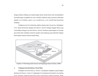 23
dengan adanya bidang erosi pada bagian dasar urutan fasies dan menunjukkan
kecenderungan menghalus ke atas. Struktur sedimen yang umumnya dijumpai
adalah cross bedding, ripple cross stratification, scour and fill dan lensa-lensa
lempung.
Endapan point bar terbentuk apabila terputus dari channel-ya. Sedangkan
levee alami berasosiasi dengan distributary channel sebagai tanggul alam yang
memisahkan dengan interdistributary channel. Sedimen pada bagian ini berupa
pasir halus dan rombakan material organik serta lempung yang terbentuk sebagai
hasil luapan material selama terjadi banjir.
Gambar 2.9 Morfologi delta beserta sub-lingkungan delta (Nichols, 2009)
Endapan Interdistributary Flood Plain
Endapan interdistributary channel merupakan endapan yang terdapat
diantara distributary channel. Lingkungan ini mempunyai kecepatan arus paling
 