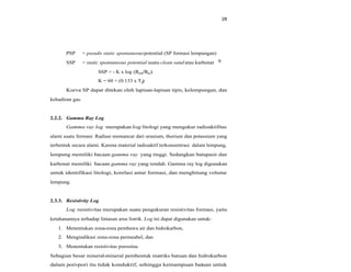 28
PSP = pseudo static spontaneouspotential (SP formasi lempungan)
SSP = static spontaneous potential suatu clean sand atau karbonat
SSP = - K x log (Rmf/Rw)
K = 60 + (0.133 x Tf)
Kurva SP dapat ditekan oleh lapisan-lapisan tipis, kelempungan, dan
9
kehadiran gas.
2.2.2. Gamma Ray Log
Gamma ray log merupakan log litologi yang mengukur radioaktifitas
alami suatu formasi. Radiasi memancar dari uranium, thorium dan potassium yang
terbentuk secara alami. Karena material radioaktif terkonsentrasi dalam lempung,
lempung memiliki bacaan gamma ray yang tinggi. Sedangkan batupasir dan
karbonat memiliki bacaan gamma ray yang rendah. Gamma ray log digunakan
untuk identifikasi litologi, korelasi antar formasi, dan menghitung volume
lempung.
2.3.3. Resistivity Log
Log resistivitas merupakan suatu pengukuran resistivitas formasi, yaitu
ketahanannya terhadap lintasan arus listrik. Log ini dapat digunakan untuk:
1. Menentukan zona-zona pembawa air dan hidrokarbon,
2. Mengindikasi zona-zona permeabel, dan
3. Menentukan resistivitas porositas.
Sebagian besar mineral-mineral pembentuk matriks batuan dan hidrokarbon
dalam pori-pori itu tidak konduktif, sehingga kemampuan batuan untuk
 