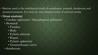 • Barium meal is the radiological study of oesophagus, stomach, duodenum and
proximal jejunum. It is done by oral administration of contrast media.
• Gross anatomy
• Cardiac sphincter / Oesophageal sphincter
• Stomach
• Fundus
• Body
• Pyloric antrum
• Rugae
• Pyloric sphincter
• Greater/lesser curve
• duodenum
 