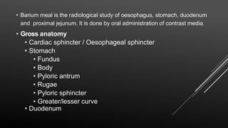 • Barium meal is the radiological study of oesophagus, stomach, duodenum
and proximal jejunum. It is done by oral administration of contrast media.
• Gross anatomy
• Cardiac sphincter / Oesophageal sphincter
• Stomach
• Fundus
• Body
• Pyloric antrum
• Rugae
• Pyloric sphincter
• Greater/lesser curve
• Duodenum
 