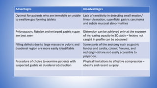 Advantages Disadvantages
Optimal for patients who are immobile or unable
to swallow gas forming tablets
Lack of sensitivity in detecting small erosion/
linear ulceration, superficial gastric carcinoma
and subtle mucosal abnormalities
Pylorospasm, fistulae and enlarged gastric rugae
are best seen
Distension can be achieved only at the expense
of increasing opacity in SC study – lesions not
caught in profile can be obscured
Filling defects due to large masses in pyloric and
duodenal region are more easily identifiable
Some parts of the anatomy such as gastric
fundus and cardia, colonic flexures, and
rectosigmoid are not easily accessible to
palpation.
Procedure of choice to examine patients with
suspected gastric or duodenal obstruction
Physical limitations to effective compression –
obesity and recent surgery
 