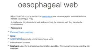 •More commonly occur in the cervical oesophagus near cricopharyngeus muscle than in the
thoracic oesophagus. They
•typically arise from the anterior wall and never from the posterior wall; they can also be
circumferential.
• Associations
• Plummer-Vinson syndrome
• GvHD
• GORD/GERD (especially a distal oesophagus web)
• external beam radiation.
• Esophageal webs refer to an esophageal constriction caused by a thin mucosal membrane projecting into
the lumen.
oesophageal web
 