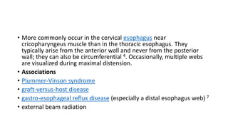 • More commonly occur in the cervical esophagus near
cricopharyngeus muscle than in the thoracic esophagus. They
typically arise from the anterior wall and never from the posterior
wall; they can also be circumferential 4. Occasionally, multiple webs
are visualized during maximal distension.
• Associations
• Plummer-Vinson syndrome
• graft-versus-host disease
• gastro-esophageal reflux disease (especially a distal esophagus web) 7
• external beam radiation
 