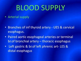 BLOOD SUPPLYArterial supply Branches of inf thyroid artery - UES & cervical esophagus.Paired aortic esophageal arteries or terminal br.of bronchial artery – thoracic esophagus Left gastric & br.of left phrenic art- LES & distal esophagus.                                                                                                                                                                                                                                                                                                                                                                                                                                                                                                                                                                                                                                                                                                                                                                                                                                             